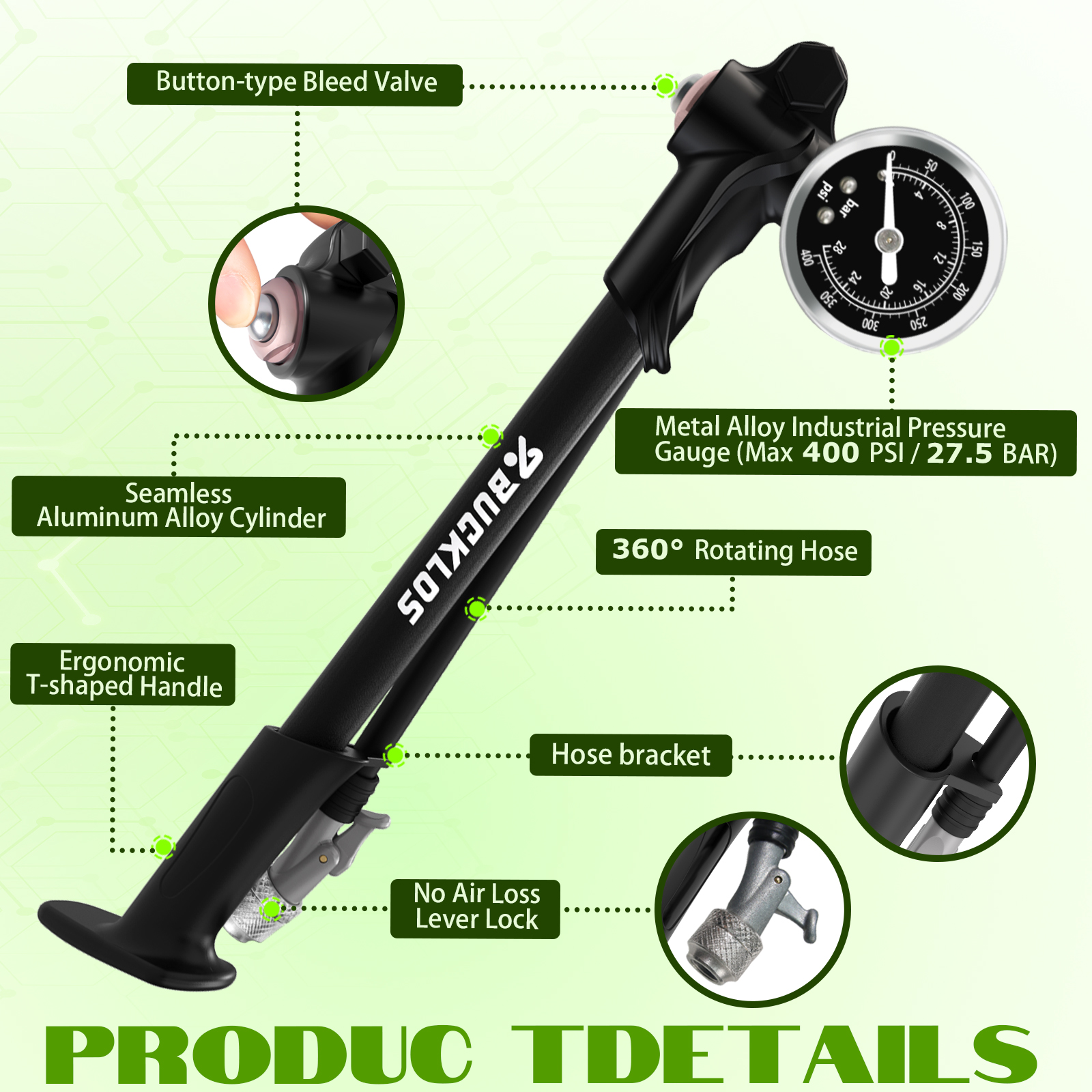 BUCKLOS Bicycle Air Pump 400PS - Mtb Fork Air のレビューと価格